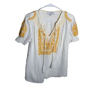 Clarte Blouse Women's Medium Smocked Emrboidered V-Neck Short Sleeve Boho Top